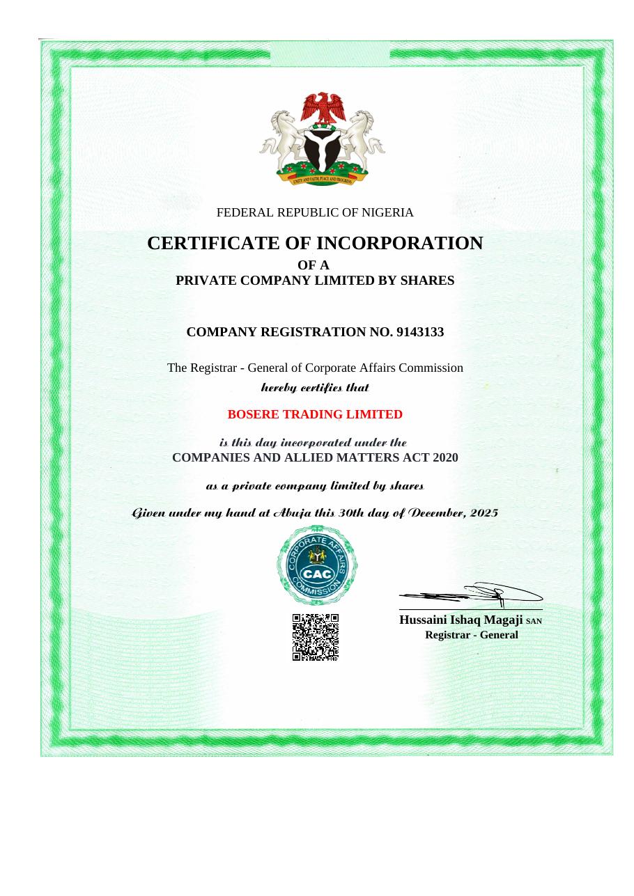 Certificate of Incorporation for Bosere Trading Limited, RC RC 9143133, issued by the Corporate Affairs Commission of Nigeria.