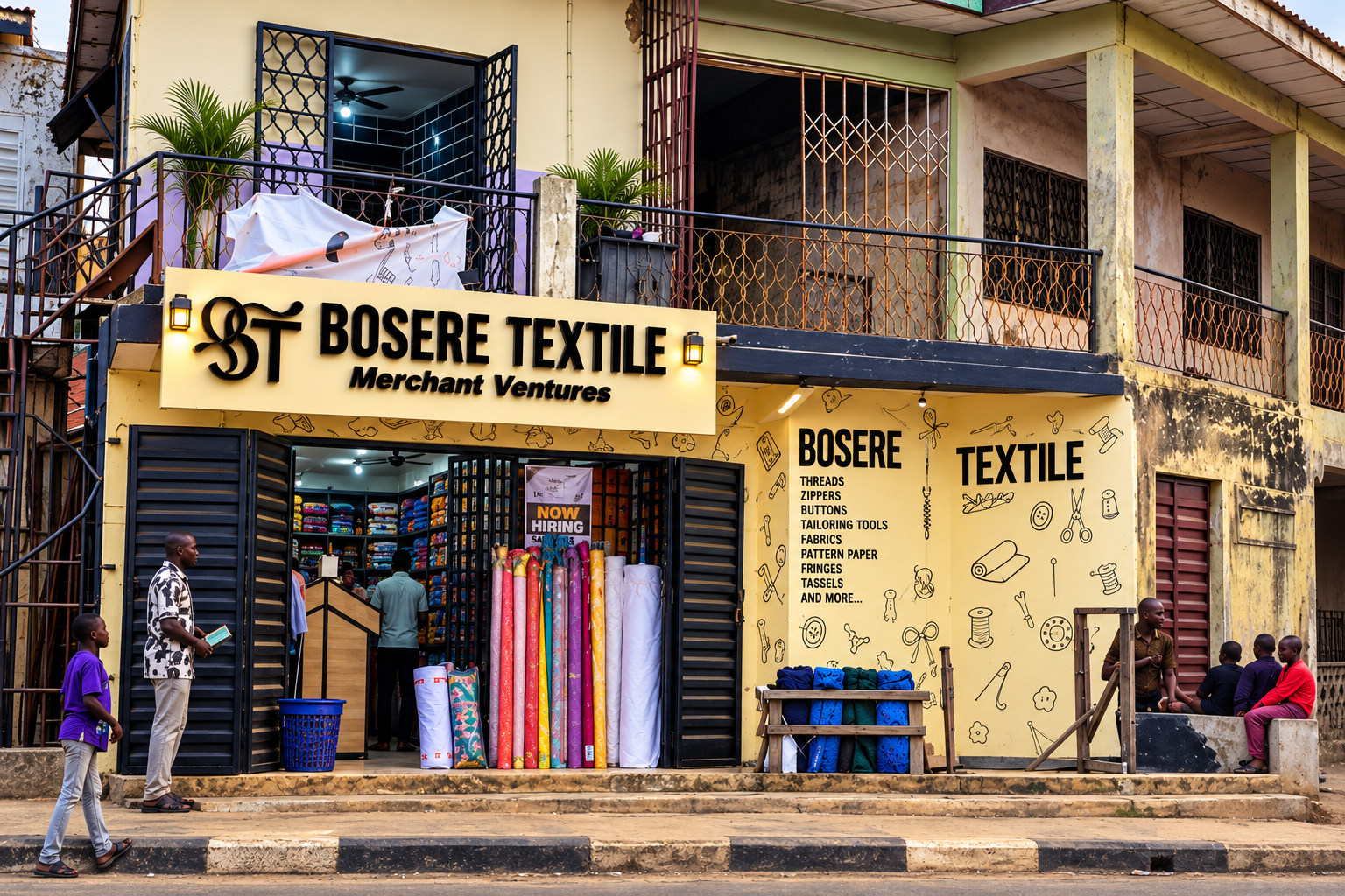The Bosere Textile Merchant Ventures storefront, showing its illuminated sign, open entrance, textile displays and people outside the shop.
