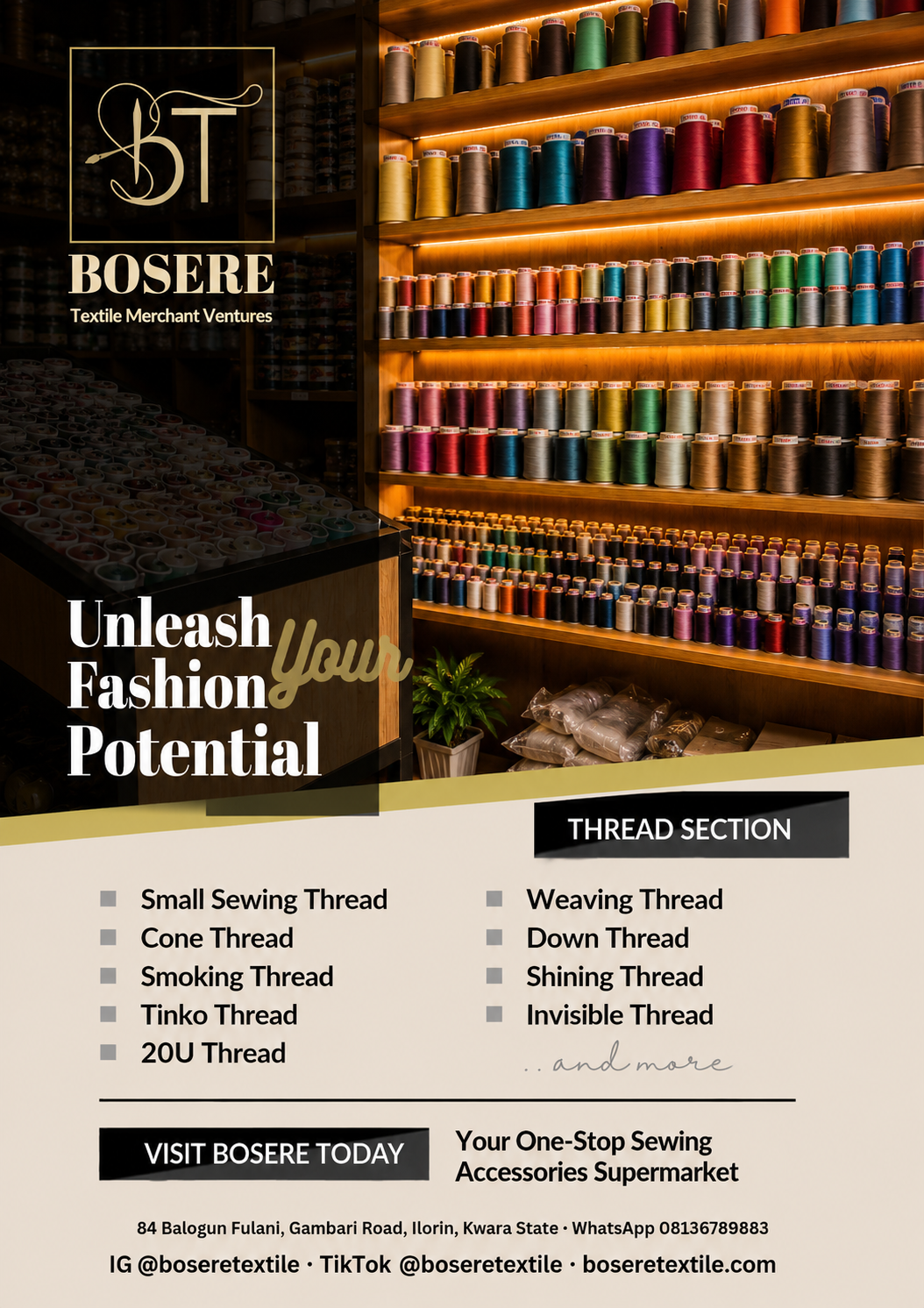 Shelves of sewing thread in many colours at the Bosere Textile shop