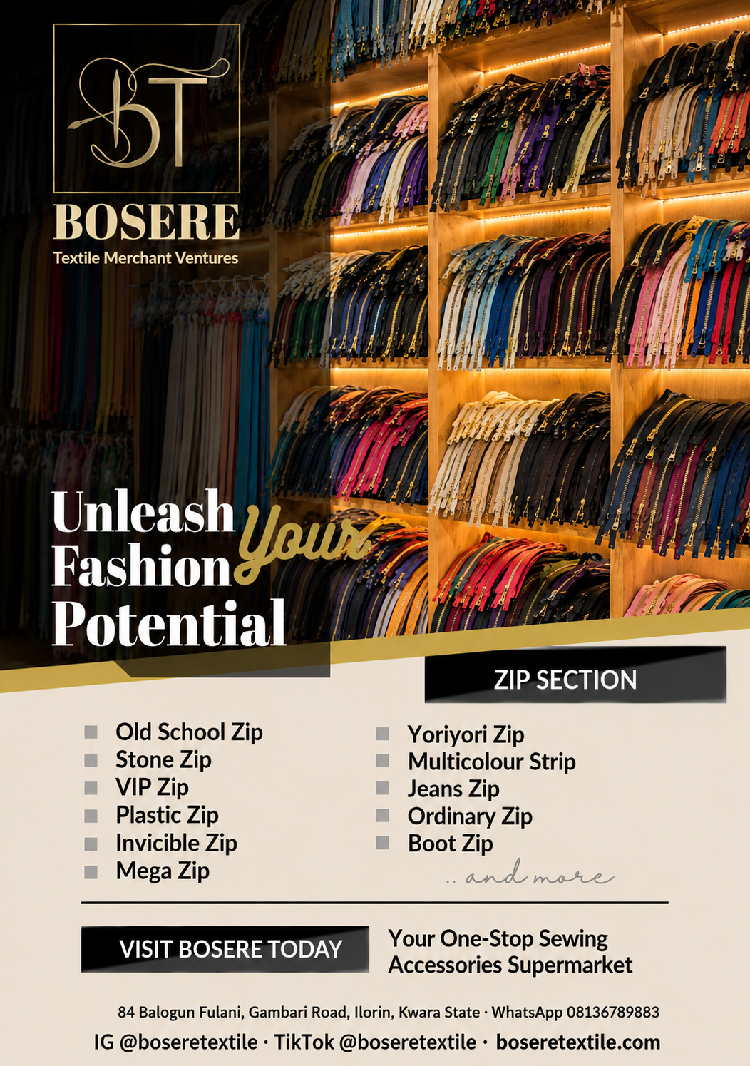 Racks of zips in many colours and lengths at the Bosere Textile shop