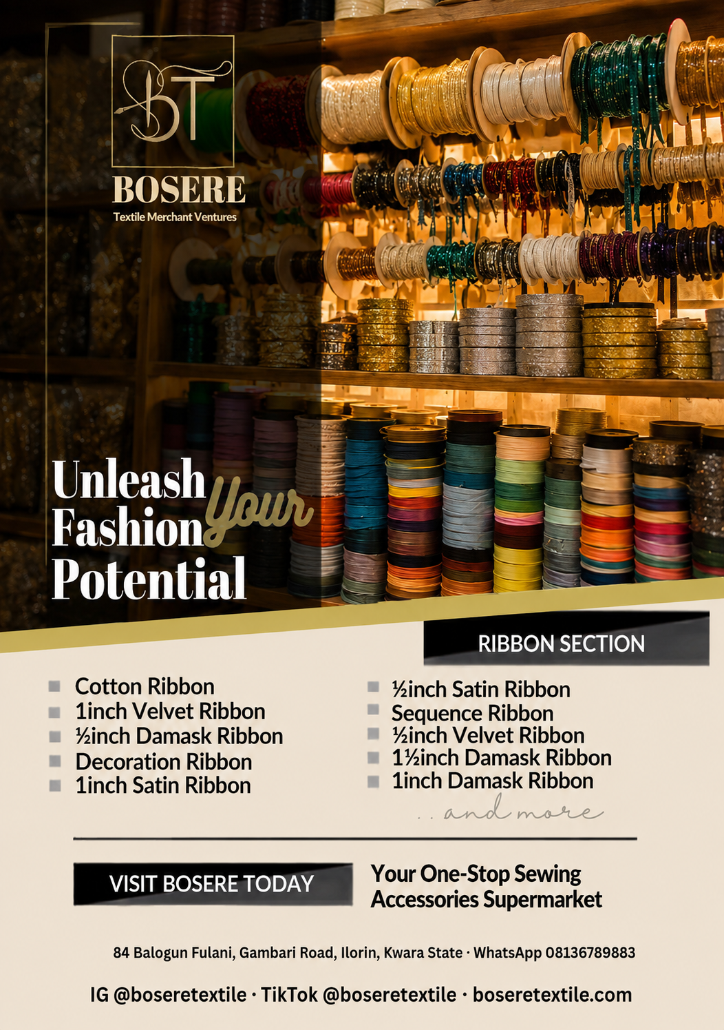 Reels of satin, velvet and damask ribbon at the Bosere Textile shop