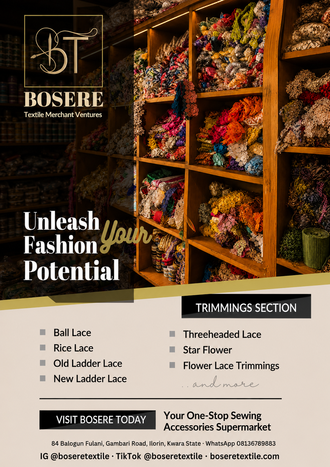 Shelves of lace and trimmings at the Bosere Textile shop