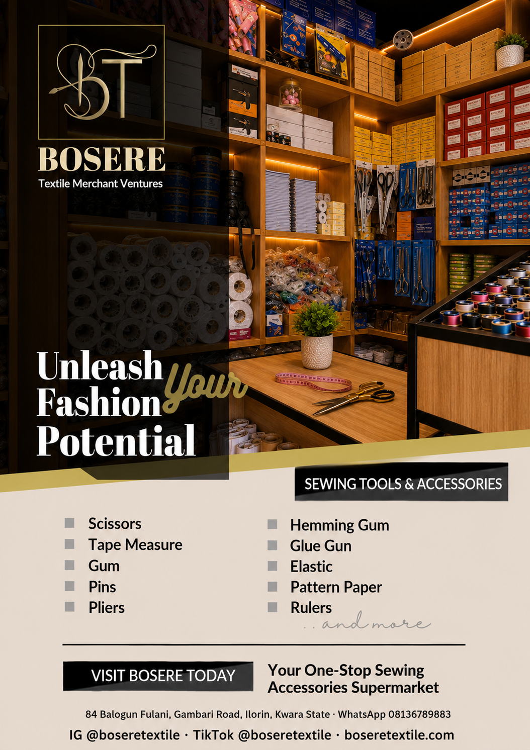 Sewing tools and accessories displayed on shelves at the Bosere Textile shop