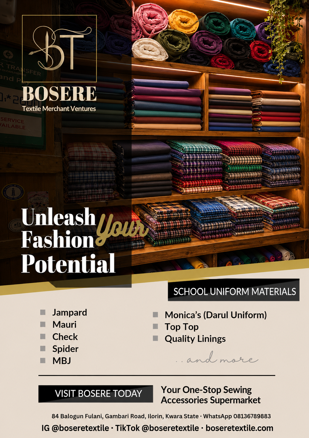 Folded school uniform materials and linings at the Bosere Textile shop